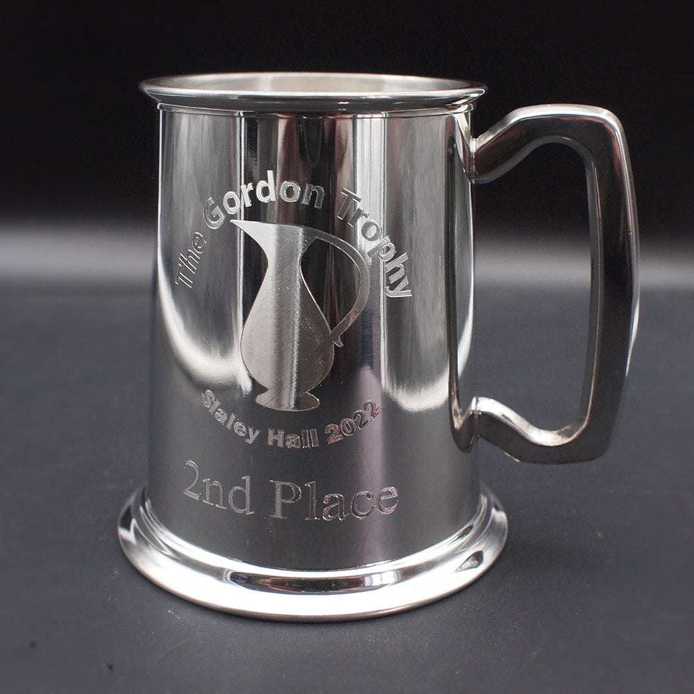 Pewter trophy mug with curved text, image and 2nd place engraved at the bottom.