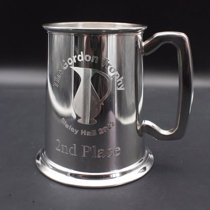 Pewter trophy mug with curved text, image and 2nd place engraved at the bottom.