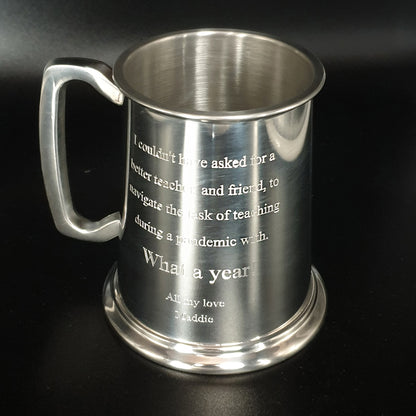 Pewter silver mug with Thank you message to a teacher on the back.