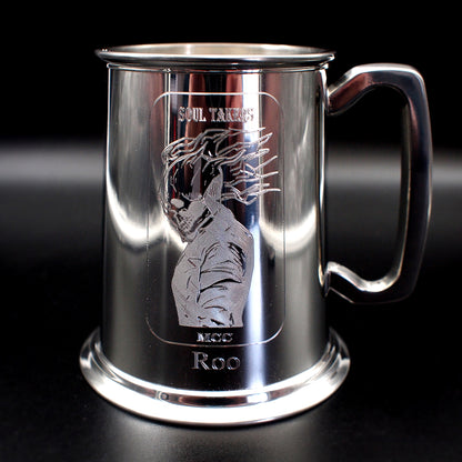 Silver pewter tankard with Soul Takers logo engraved with name below against a black background