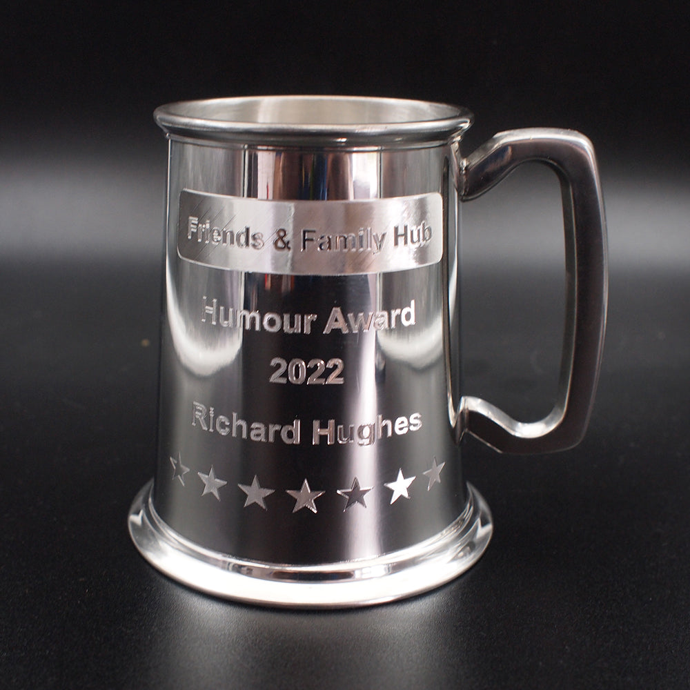 pewter tankard with humour award text and name engraved with straight handle