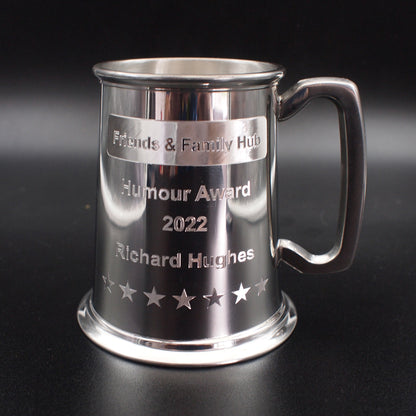 pewter tankard with humour award text and name engraved with straight handle