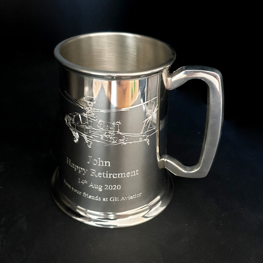 Personalised Retirement tankard with our Apache helicopter artwork engraved on the front