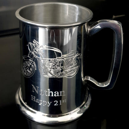 Vintage Café Racer engraved on pewter tankard with ' Nathan happy 21st' engraved beneath.