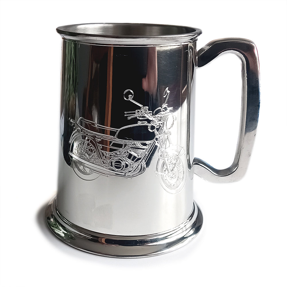 GT250 motorcycle graphic engraved on a pewter tankard