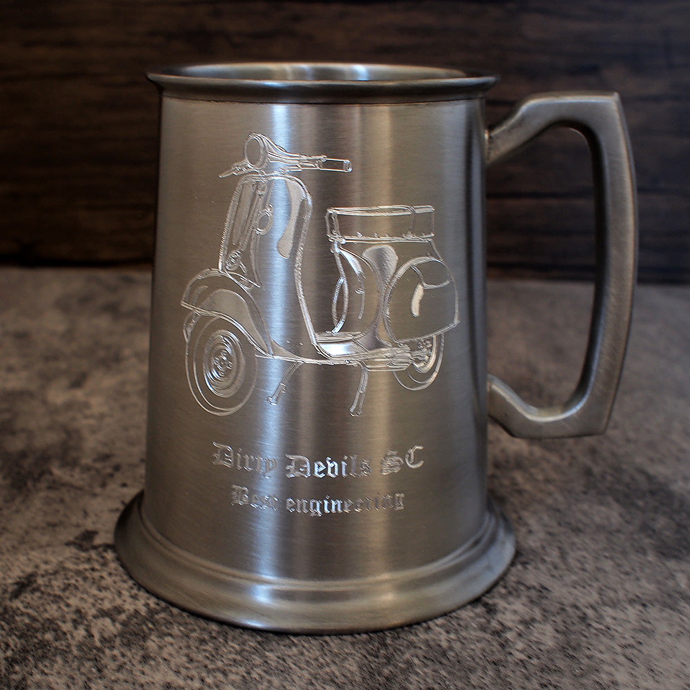 Vespa Scooter Artwork engraved on antique pewter style tankard