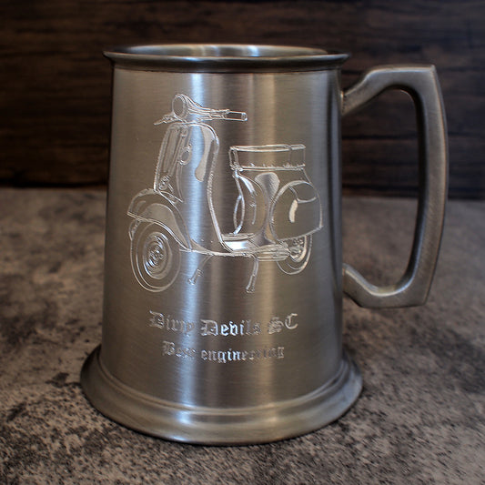Vespa Scooter Artwork engraved on antique pewter style tankard
