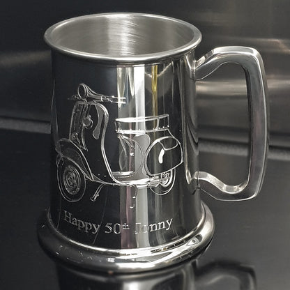 Vespa Scooter engraved on  a 50th Birthday tankard.