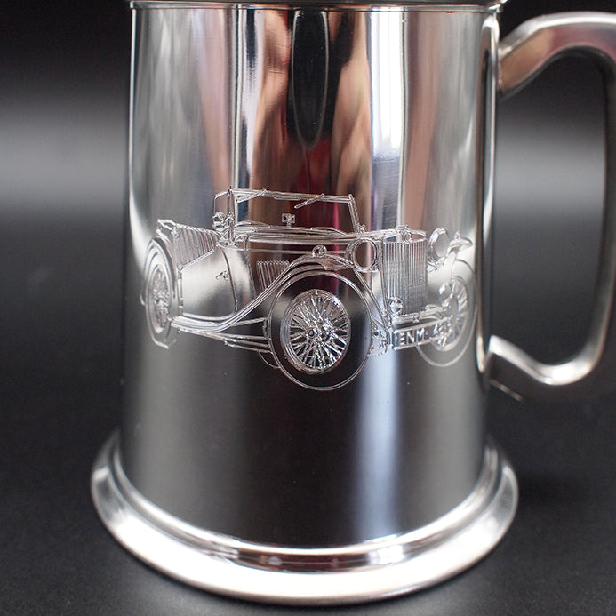 Vintage MG TC 1946 car engraved on a plain Pewter Tankard