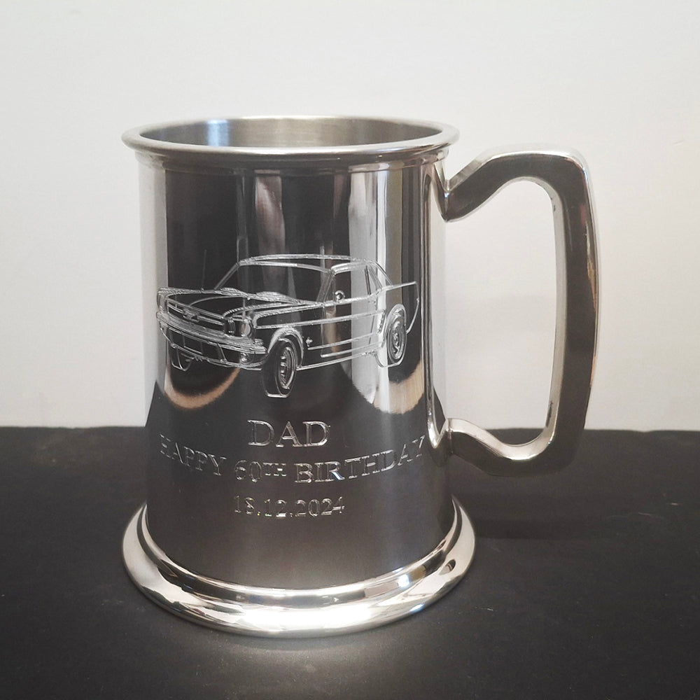 Silver pewter tankard with our artwork of a classic mustang coupe car
