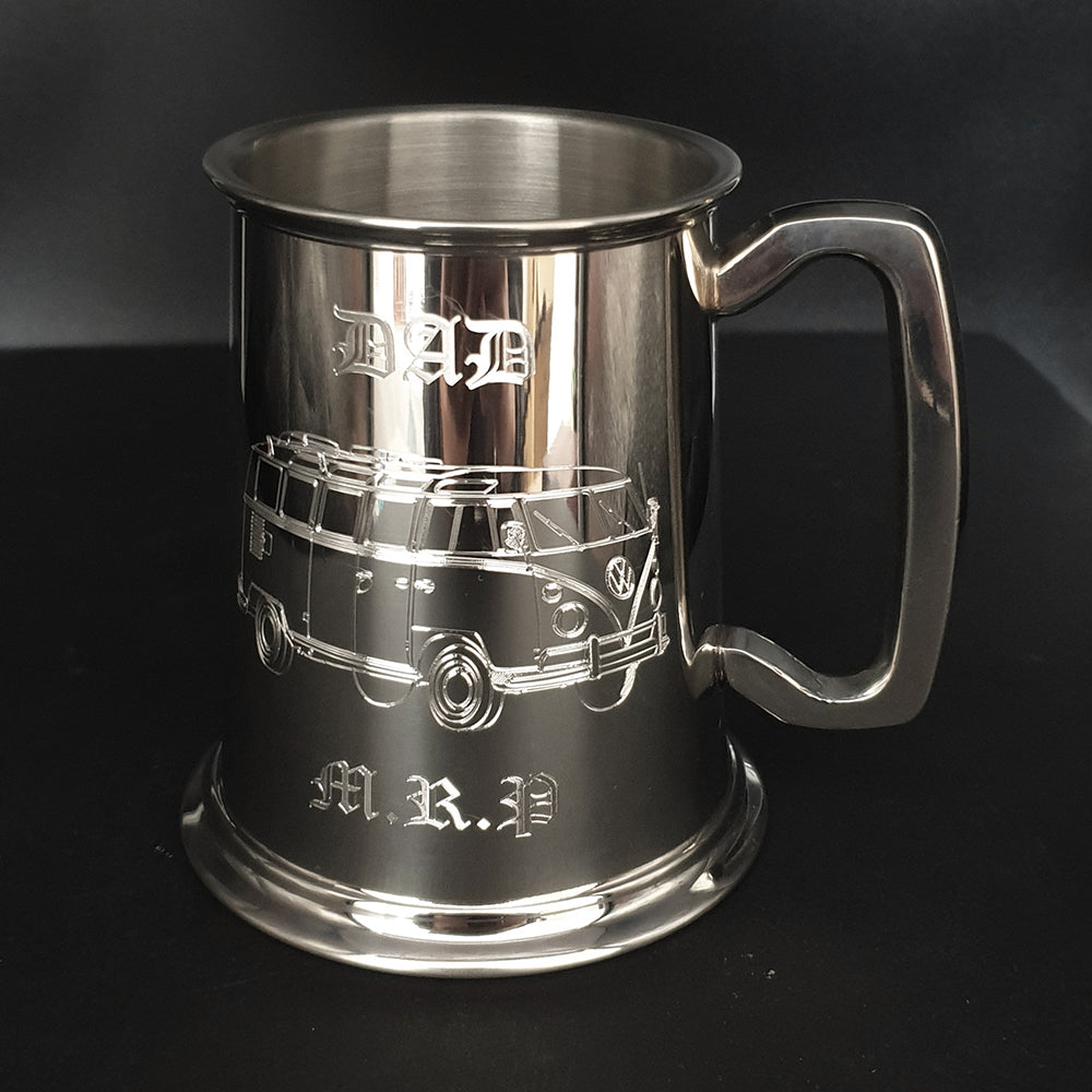 Campervan artwork engraved on a personalised pewter tankard