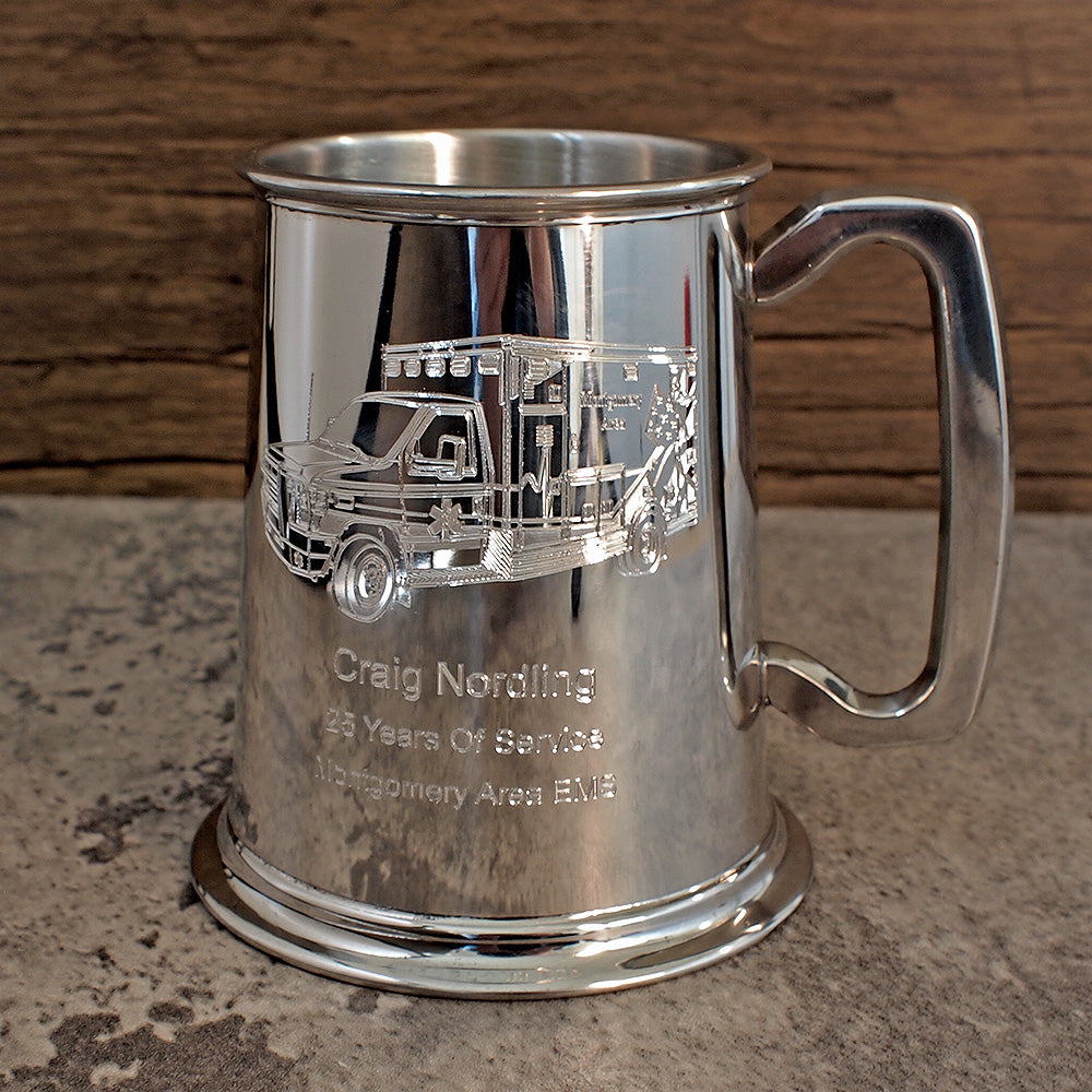 Personalised EMT US ambulance artwork on hand Made Pewter Tankard