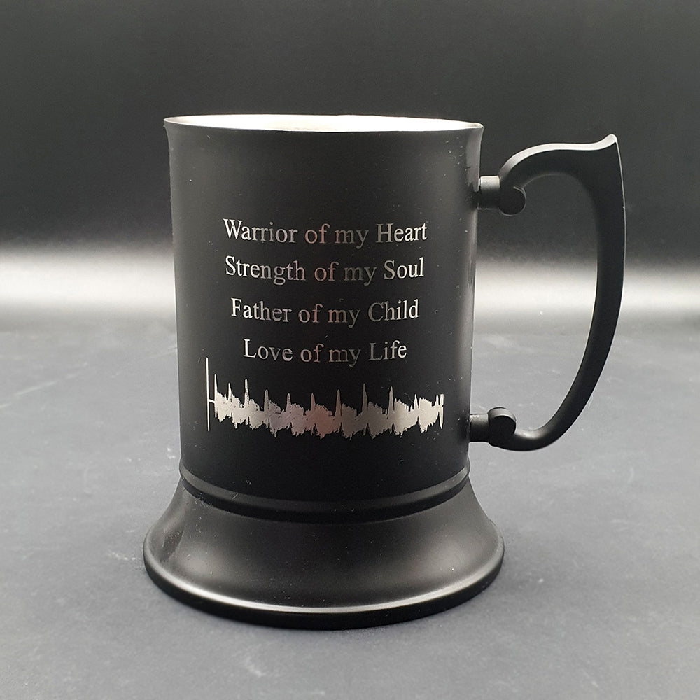 Black Steel mug with ultrasound waves and kind words engraved