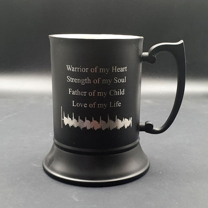 Black Steel mug with ultrasound waves and kind words engraved