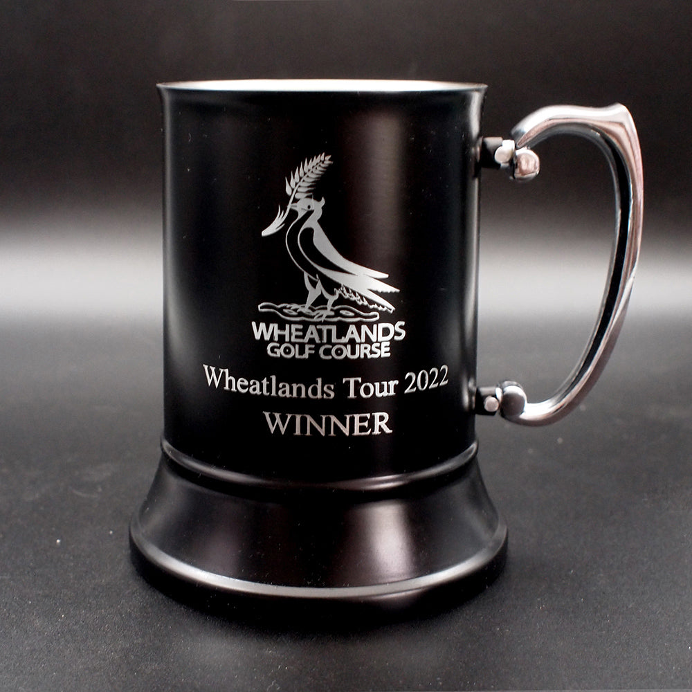 Black steel golf winners trophy tankard engraved