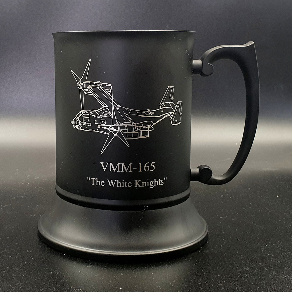 Black Steel Tankard engraved with Bell Boeing V22 Osprey artwork with the 'The White Knights' engraved below.