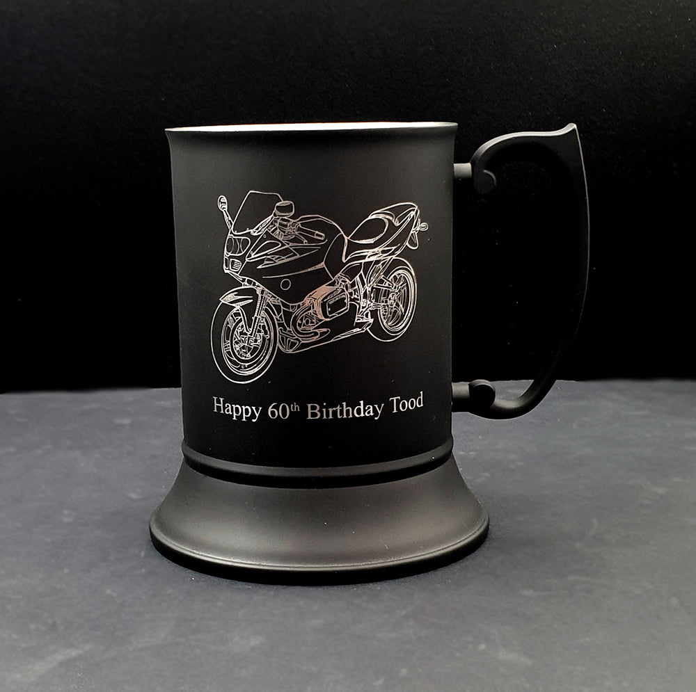 Black Steel Tankard with our R1100 Motorcycle artwork engraved with birthday message below