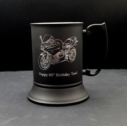 Black Steel Tankard with our R1100 Motorcycle artwork engraved with birthday message below
