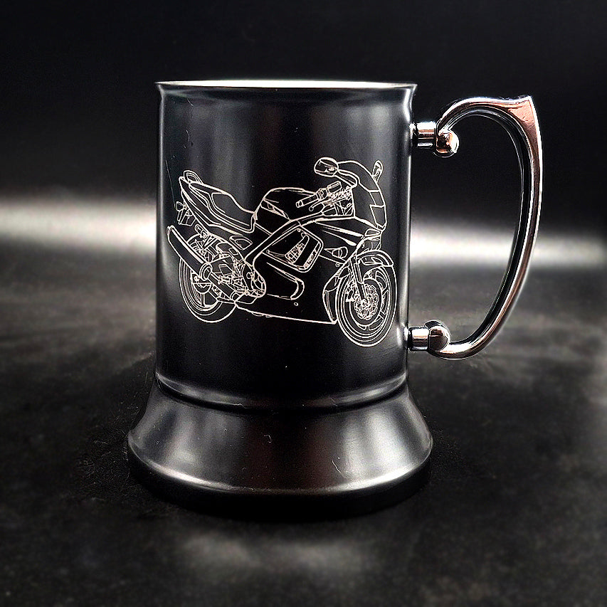 Suz RF Motorcycle artwork engraved on Black steel tankard