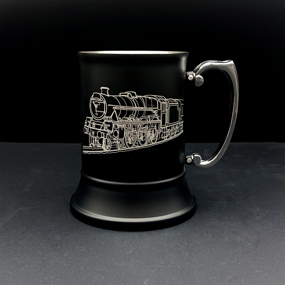 Our Steam strain locomotive artwork engraved on a black steel tankard
