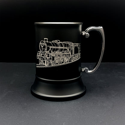 Our Steam strain locomotive artwork engraved on a black steel tankard