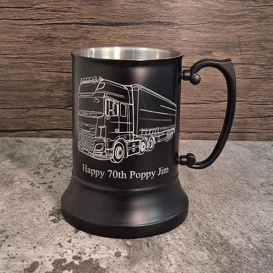 A Black coated tankard engraved with our HGV Lorry artwork and personalised birthday message.