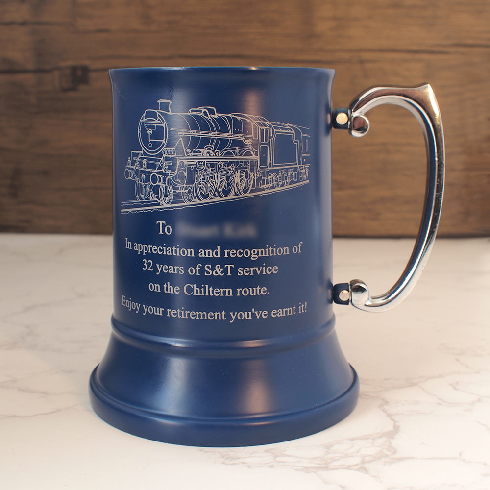Blue Tankard with our Steam train artwork and retirement message engraved on the front