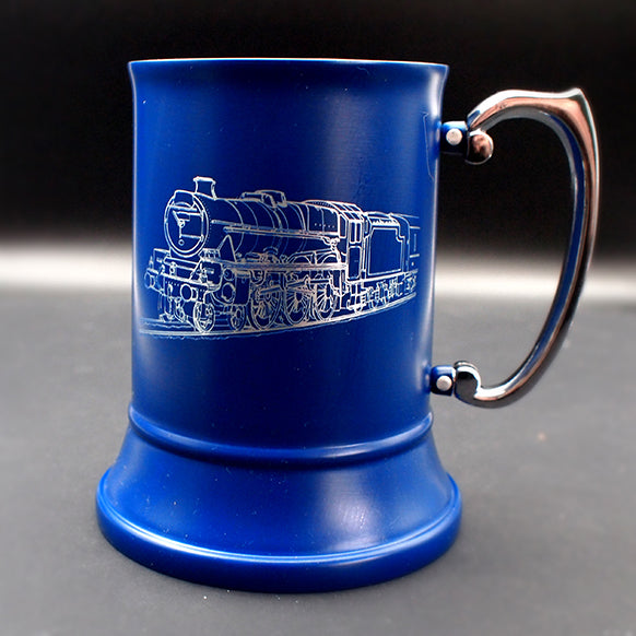 Our Steam train artwork engraved on a blue tankard