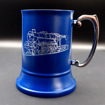 Our Steam train artwork engraved on a blue tankard