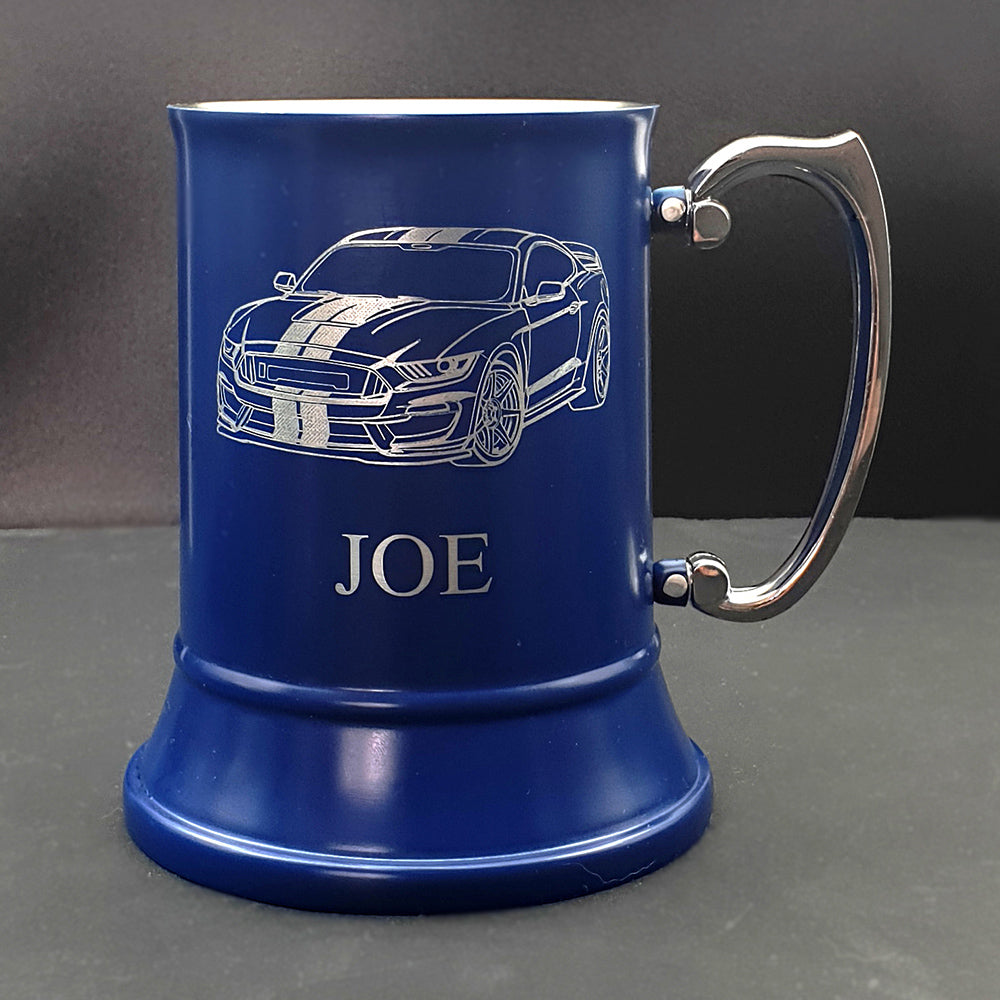 Shelby Mustang car artwork engraved on a blue steel tankard with the name 'joe' written underneath.