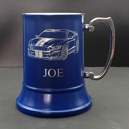 Shelby Mustang car artwork engraved on a blue steel tankard with the name 'joe' written underneath.