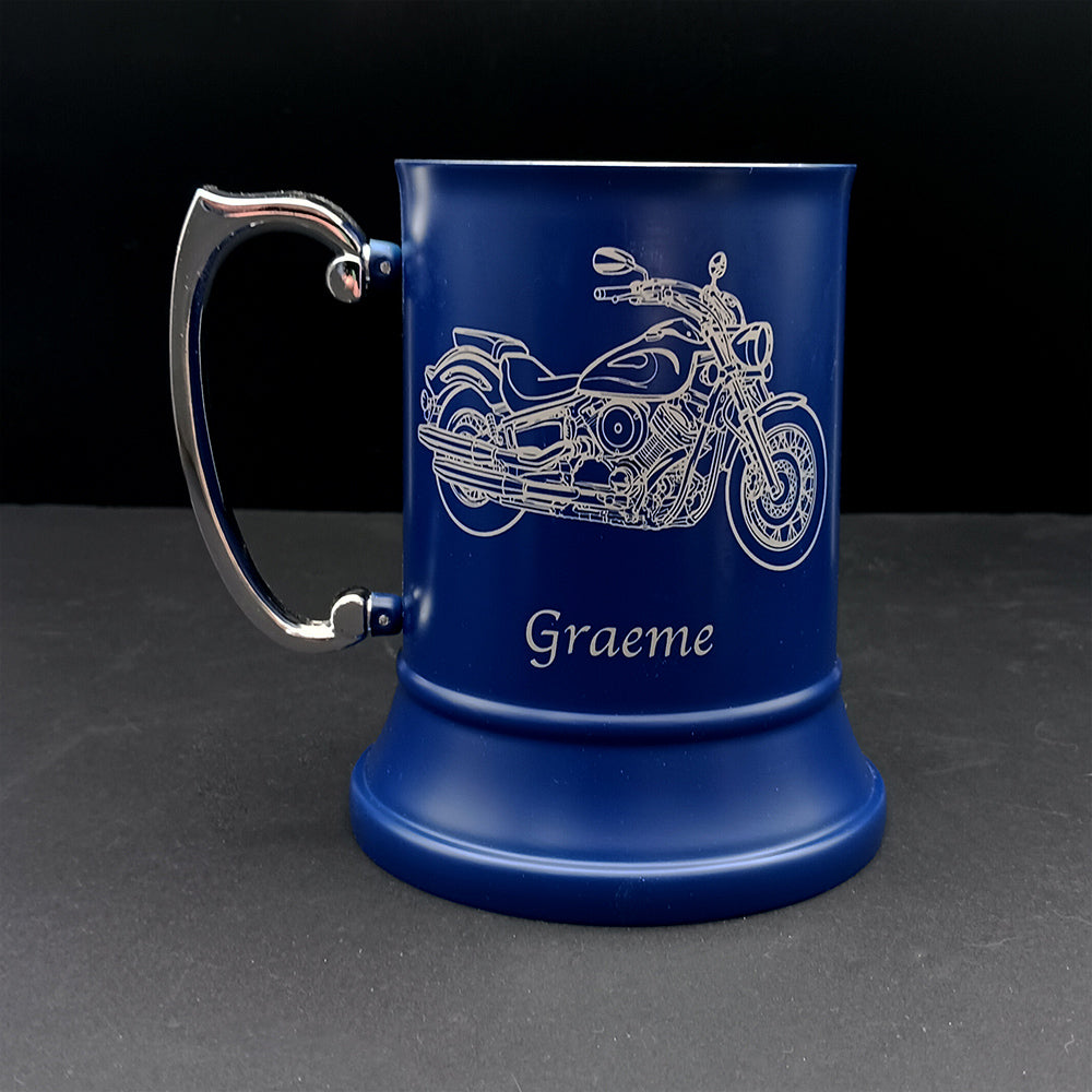 Personalised Blue Tankard with our V Star 1100 Motorcycle artwork engraved.