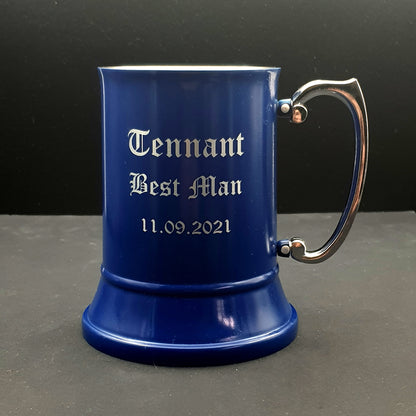Blue mug with 'Tennent Best Man 11.09.2021' text on a dark background