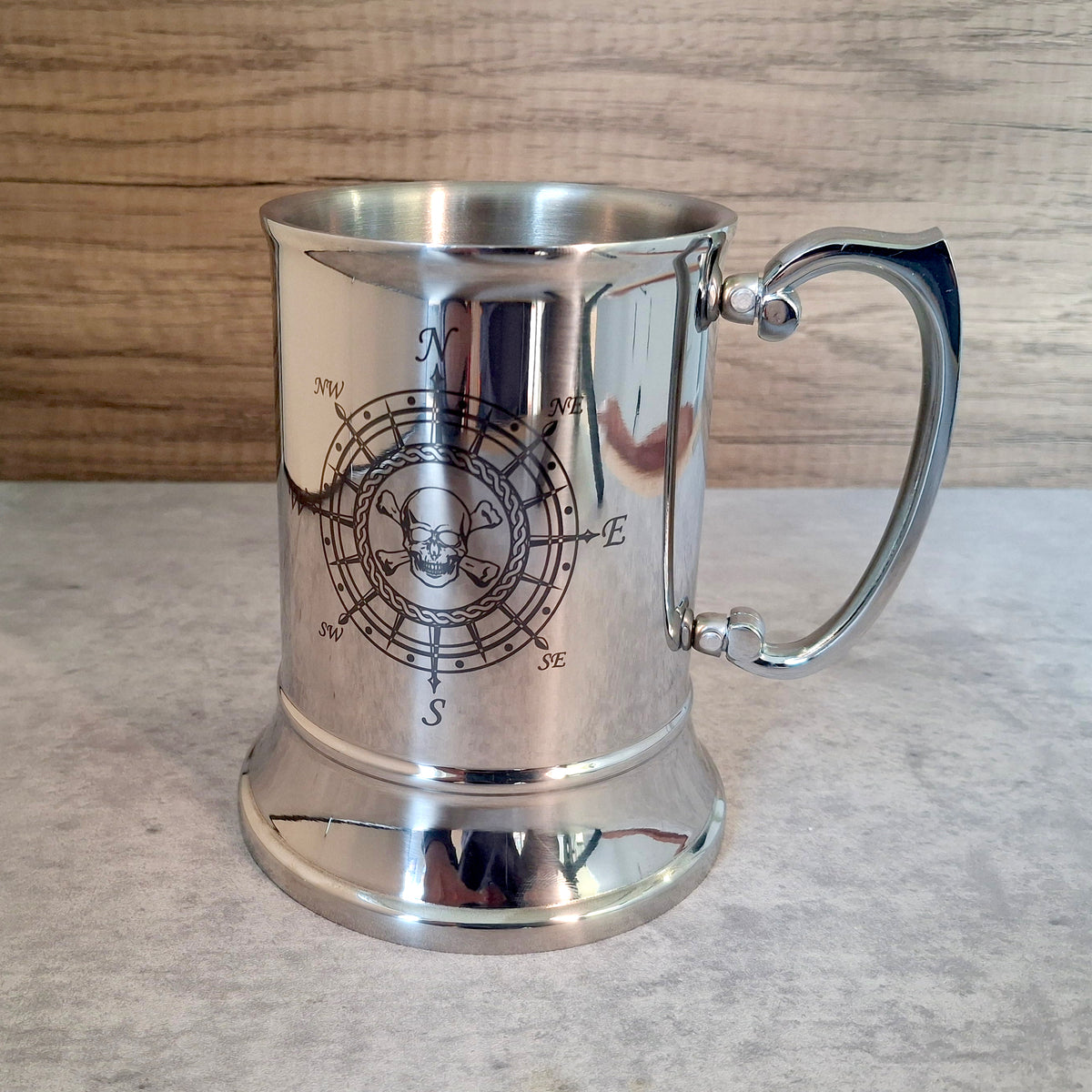 Our Skull Compass artwork engraved on a Steel Tankard