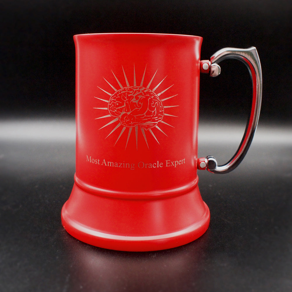 Brain Starburst design engraved on a red personalised tankard