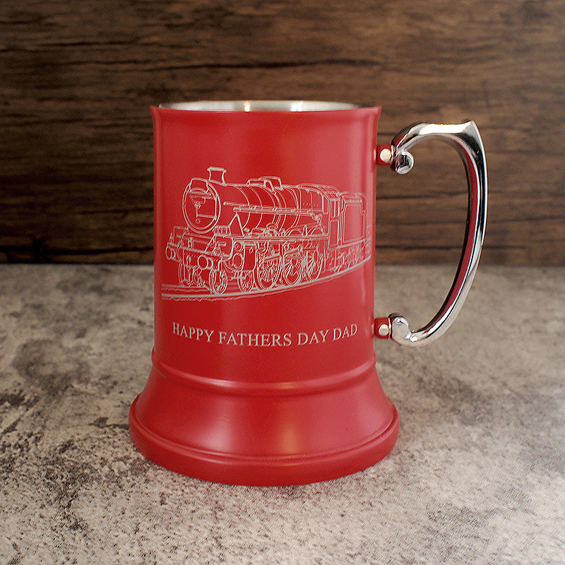 Fathers day tankard with our Steam train locomotive artwork engarved on a red metal tankard