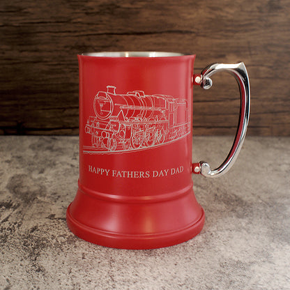 Fathers day tankard with our Steam train locomotive artwork engarved on a red metal tankard