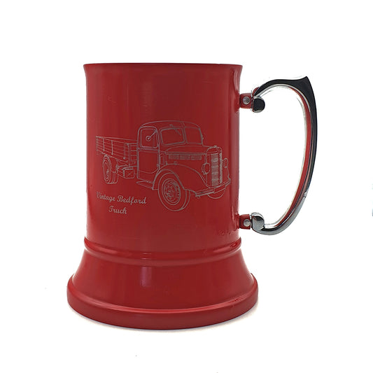 Vintage Bedford Truck design engraved on a Personalised Red Steel tankard