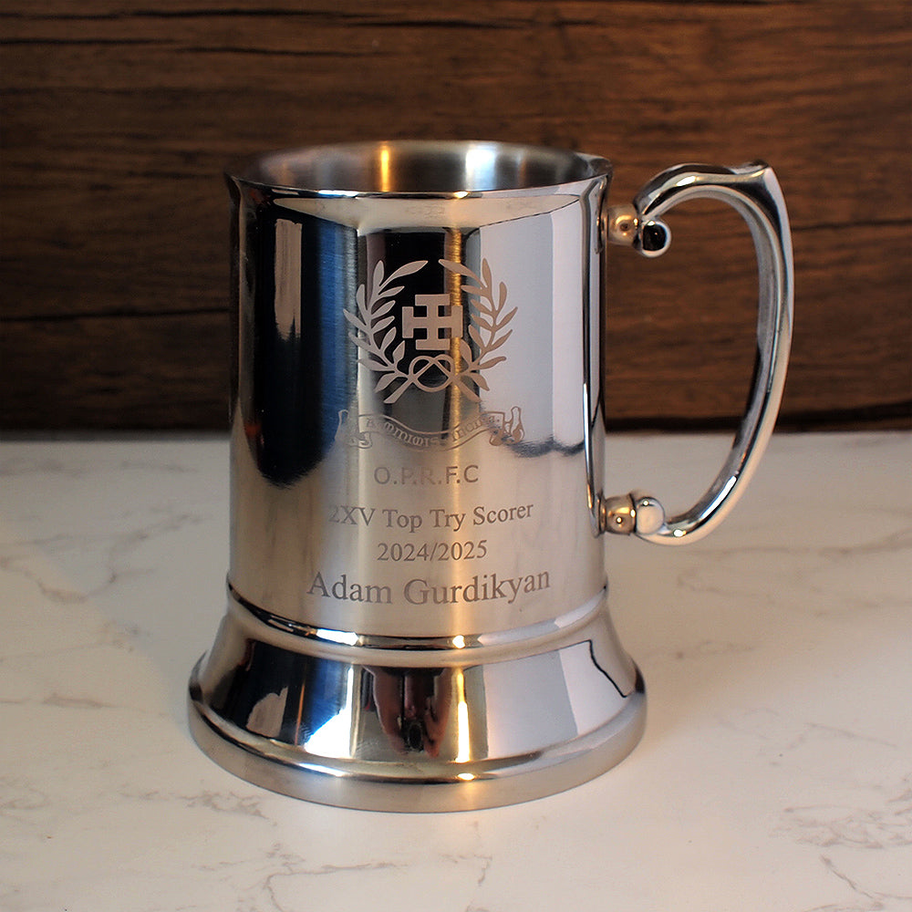 Silver steel trophy rugby  tankard with club crest and top try scorer 
