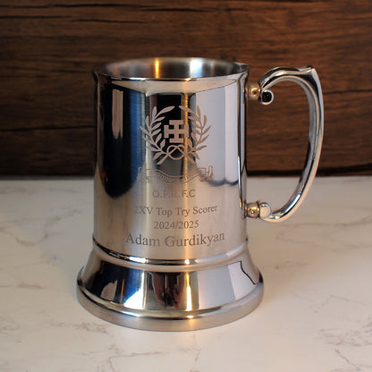 Silver steel trophy rugby  tankard with club crest and top try scorer 