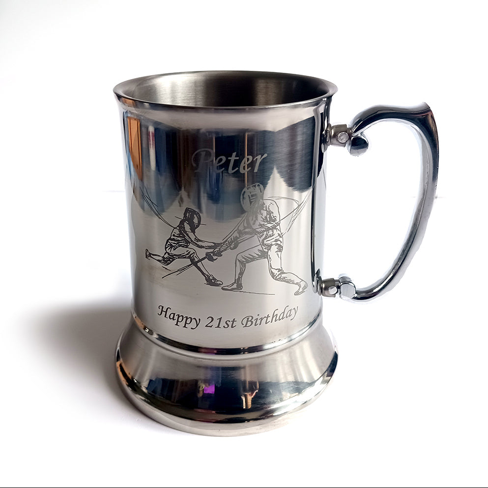 Silver steel Tankard with a Fencing Image engraved with a name and birthday message.