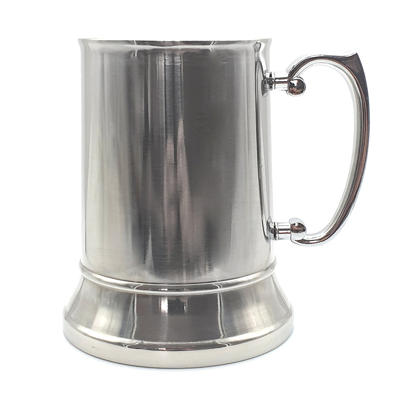 brushed steel tankard mug shown with handle on the right