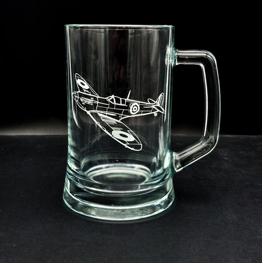 Super Marine Spitfire Artwork engraved on Glass Tankard | Giftware Engraved