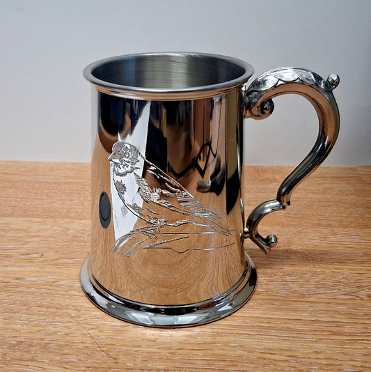 Gold Fitch Bird Engraved on Pewter Tankard with Ornate Handle |  Giftware Engraved