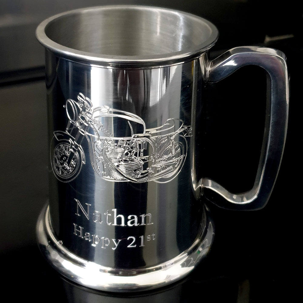 Vintage Cafe Racer Motorcycle engraved on Pewter Tankard | Giftware Engraved