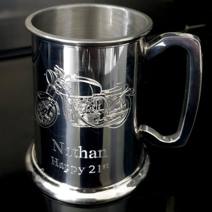 Vintage Cafe Racer Motorcycle engraved on Pewter Tankard | Giftware Engraved