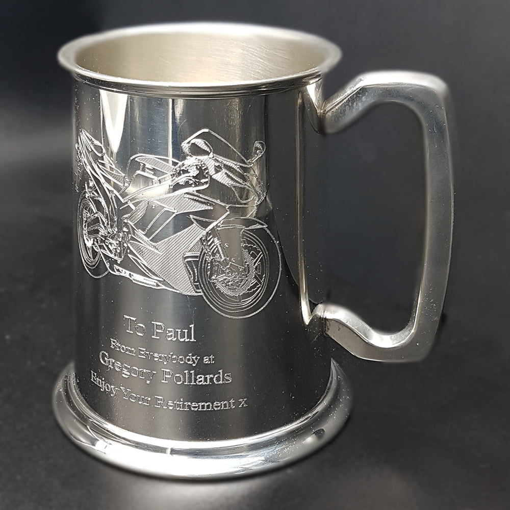 Racing Motorcycle engraved on Pewter Retirement Tankard | Giftware Engraved