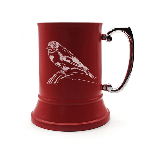 Illustration of Gold Fitch Bird Engraved on Steel Tankard with Ornate Handle | Giftware Engraved