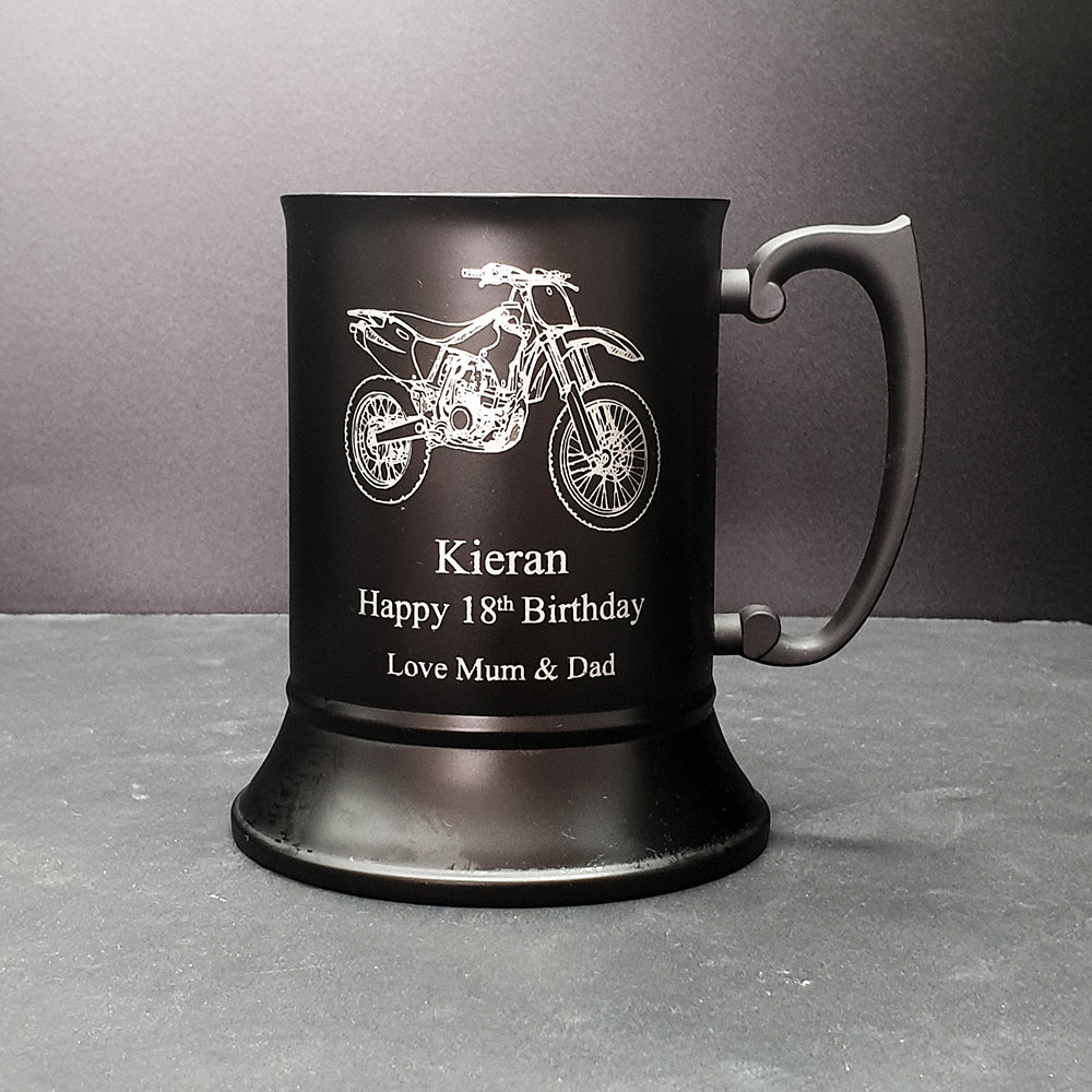 Motocross Dirt Bike Engraved on Black Steel Tankard with Personalised Birthday Message | Giftware Engraved