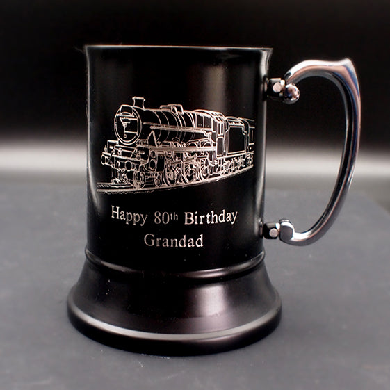 Personalised Birthday Steam Train Black Steel Tankard | Giftware Engraved